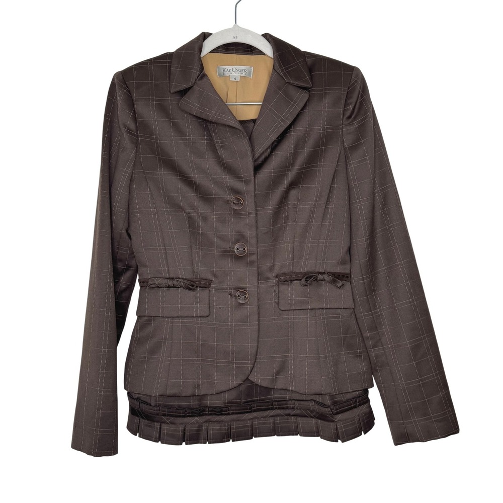 Kay Unger Skirt Suit Brown Windowpane‎ Size 4